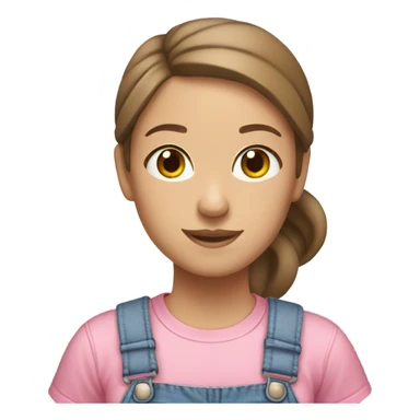 A white woman with brown hair in pony tail wearing white headband, pink t shirt and overalls  sticker