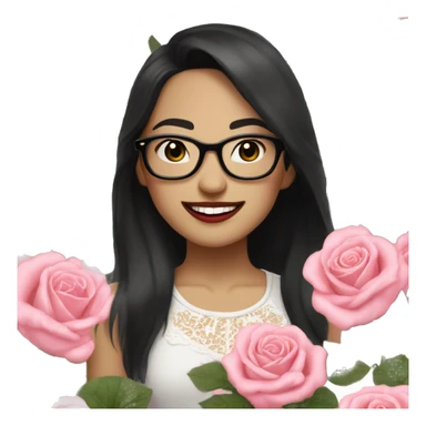 Asian girl, smiling with teeth, fair skin, black long hair, black eyes, black glasses with gold frames, red lipstick, wearing a white lace tank top and a black office jacket on top, with pink and red roses around her. sticker