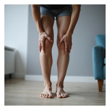 woman standing with one hand on knee and one on foot, suffering expression, pain caused by orthotic insole, realistic style, clinical environment sticker