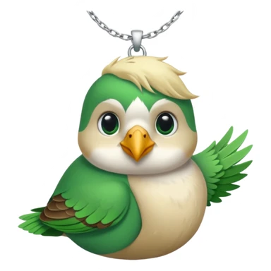 un oiseau classique tout vert avec un collier autour de son cou avec des breloque argentées et un seul poil blond qui fait une petite bouclette sur le front le collier est autour de son cou sticker