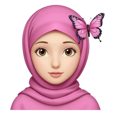 apple style emoji of a girl with a pink hijab styled fashionably, butterfly hairclips on both sides, ASMR creator theme, soft and calming vibe sticker