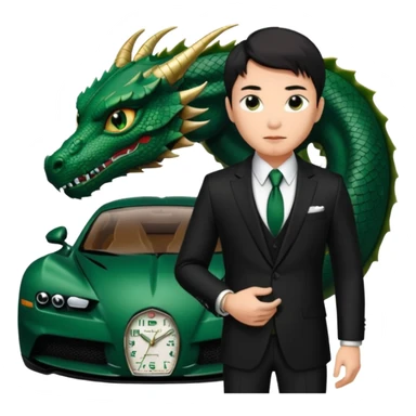 mysterious scenery: green audemars piguet watch (without text), black bugatti, and a dark green dragon, and a mysterious chinese agent from The Matrix with his eyes censored sticker