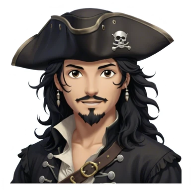 A charismatic pirate with wavy black hair that falls just past his shoulders, tousled slightly by the sea breeze. He wears a black tricorn hat with subtle silver embroidery along the edges, casting a shadow over his sharp, confident features. His piercing dark eyes glint with mischief as he gazes to the side, a knowing smile playing at his lips. His well-fitted black coat, adorned with polished silver buttons and intricate stitching, moves slightly with the wind, revealing glimpses of a deep-crimson waistcoat underneath. A silver chain dangles from his belt, catching the dim golden light of the setting sun. His posture is relaxed yet assured, exuding effortless charm as if he owns the sea itself. sticker