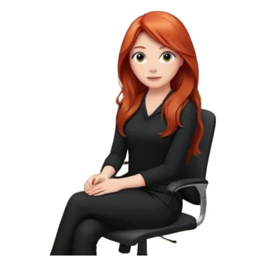 Video call therapy session: red-haired therapist with long hair wearing black minimalist clothing, seated in a professional home office, looking at the webcam; calm, modern teletherapy setting sticker