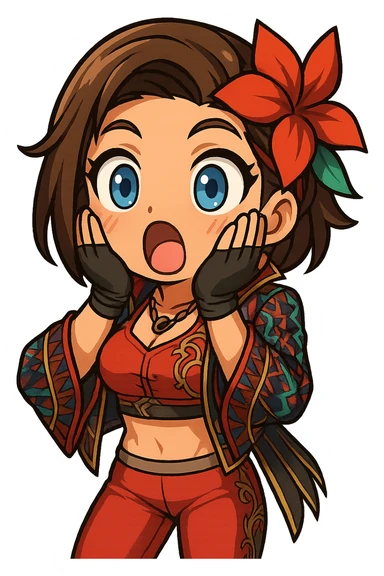 Azucena from Tekken 8 in chibi sticker style, shocked with hands on cheeks, standard Twitch emote, wearing her detailed red and patterned outfit as shown in the reference images. sticker