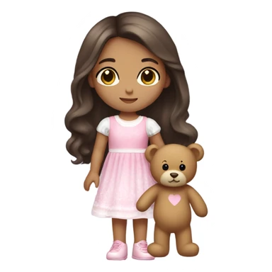 Little Girl with White skin, black eyes. Long brown hair with. She is wearing a pink and White dress, standing and holding on to a teddybear. sticker