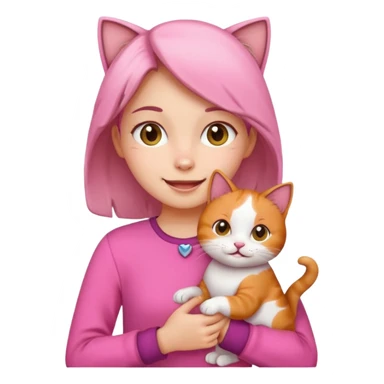 a happy girl in pink holding a calico cat, emoji style, icon sticker