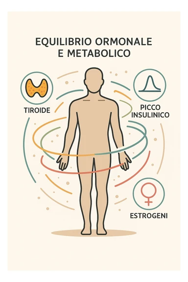 Il corpo è circondato da simboli delicati e bilanciati che rappresentano equilibrio ormonale e metabolico: piccoli cerchi, flussi energetici colorati, simboli stilizzati di tiroide, picco insulina, estrogeni. 4k immagine in italiano sticker