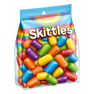 A Skittles candy package with multiple pieces of transparent tape holding it closed, rainbow colored packaging, minimalist style sticker