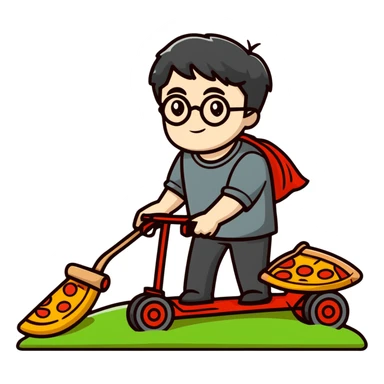 Harry Potter mowing the lawn with a pizza slice sticker