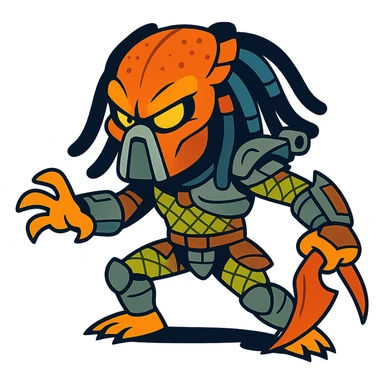 Predator, stylized cartoon version, exaggerated features, playful, bright colors, dynamic pose sticker