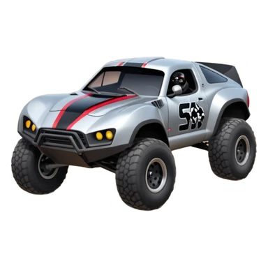 Satan’s and Vader (post race) Cabernet Dirty and dented Local Motors Rally Fighter off road race car hot rod trophy truck-style flying on a dusty road (silver wheels) sticker