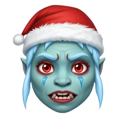 Fantasy orc portrait emoji, Santa Claus hat with icy texture, frozen scar glowing deep red against icy blue skin tones, primal winter survival theme, restrained detail, clean readable emoji style, female variant
 sticker