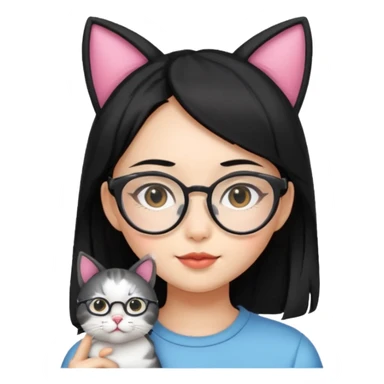 Asian girl with black hair glasses and cat ear cat sticker