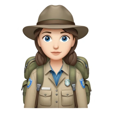 white woman park ranger with gray and brown hair, blue eyes, wearing a backpack sticker