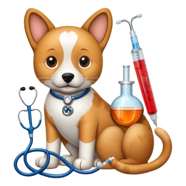 An icon featuring a stethoscope, a paw print, and a syringe, symbolizing veterinary medicine. The design includes a dog and a cat, alongside medical tools, representing animal care, diagnosis, and treatment. Transparent background highlights the science of animal health and well-being. sticker
