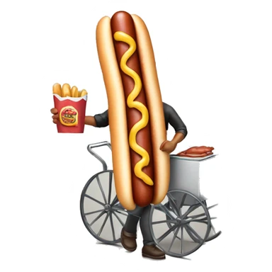 hot dog vendor holding a hot dog with a cart sticker