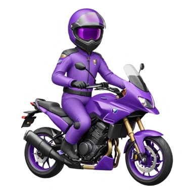 Créer un emoji avec une moto mt07 sport noir mate / violet iridescent très foncé, pare-brise de la moto violet. Avec une pilote dessus visière violet sombre visage caché . Avec fond arrière violet en arrière plan. sticker