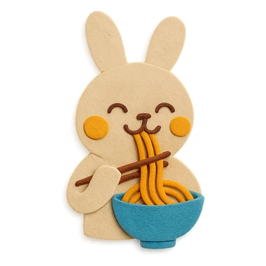 beige bunny happily slurping noodles, chopsticks held properly, paper-craft style sticker