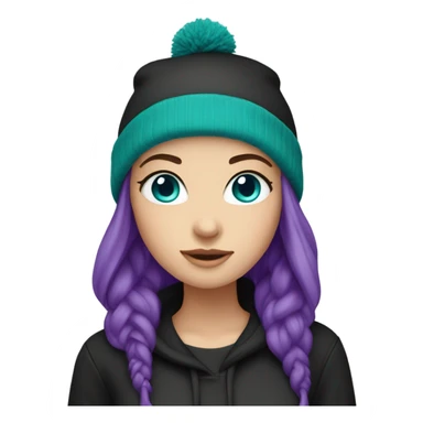 White girl, black hoodie, teal hair, purple beanie hat, blue eyes sticker