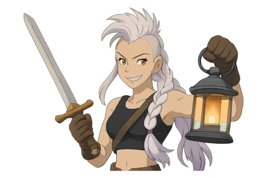 A sword maiden, mohawk, long braid white hair with lavender and tips long l locks cascading to the front, gold yellow eyes, black crop top, brandishing a lantern. Mischievous smirk sticker