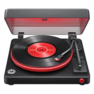 Generate a high-quality 3D cartoon-style emoji of a red LP record placed inside a black LP turntable, realistic shading, smooth gradient colors, rounded and cute appearance, simple white background, high-resolution.
 sticker