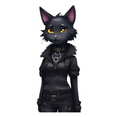 Gorgeous furry gothic dark techwear anime style anthro black cat furry sona Fakemon with blushing face aesthetic and pretty edgy black with collar and harness trending style sticker