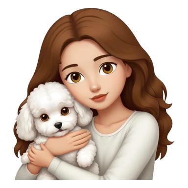 A beautiful olive skinned girl with long brown hair, hugging a white bichon frise sticker