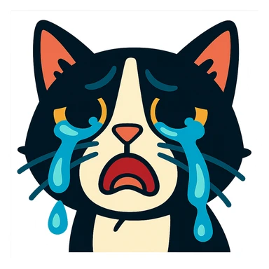 crying tuxedo cat with dramatic tears streaming, close-up face, vibrant toon style sticker