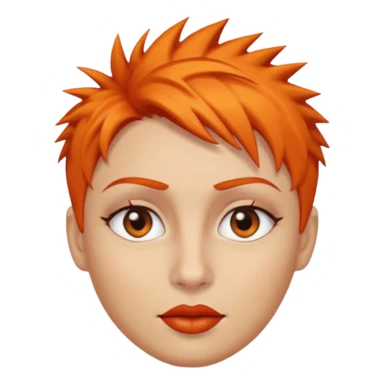 A person emoji with light skin, short spiky orange hair swept to one side, matching orange eyebrows, brown eyes, an oval-shaped face, a small nose, and dark lipstick. sticker