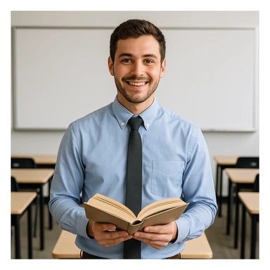 a young male teacher, friendly, holding a book, professional attire, modern classroom background sticker