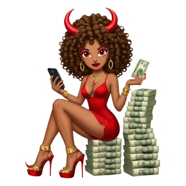 seductress evil brown curly haired sexy drug lord woman with clear glittery platform heels on her feet and devil red horns on her head, holding a stack of cash, has a phone in other hand sticker