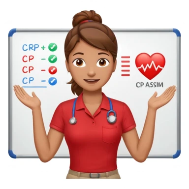 Happy instructor female brown hair whit board hair up red shirt add CPR to white board sticker