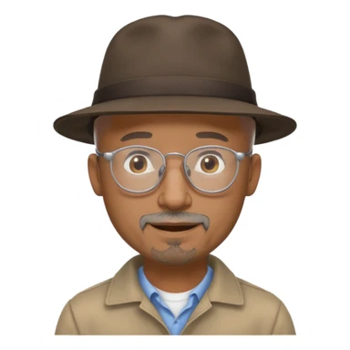 Brown man with wide rimmed hat no hair, gray goatee, clear glasses and slightly smiling sticker