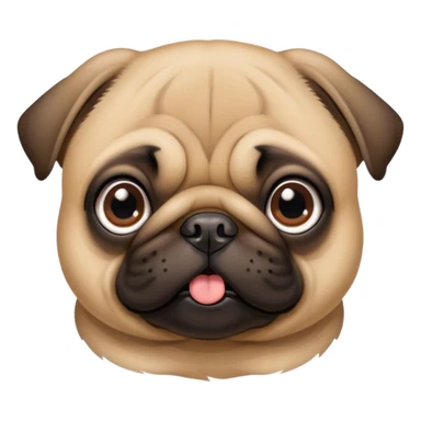 Cinematic Cute Fawn Pug Portrait Emoji, Head tilted playfully and inquisitively, featuring a smooth fawn coat with a subtle sheen, round, sparkling dark eyes filled with curiosity, Simplified yet irresistibly adorable features, highly detailed, glowing with a warm, friendly glow, high shine, affectionate and lively, stylized with a touch of whimsy, bright and endearing, soft glowing outline, capturing the essence of a mischievous yet loving pup, so playful it feels like it could bounce out of the screen and into your arms! sticker