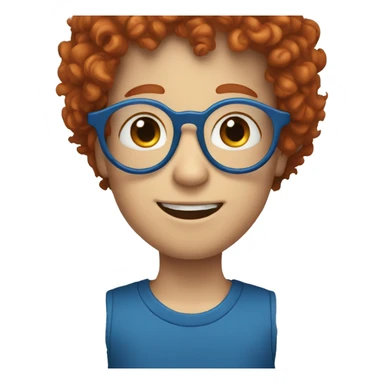 A small white boy with curly red hair and blue glasses sticker