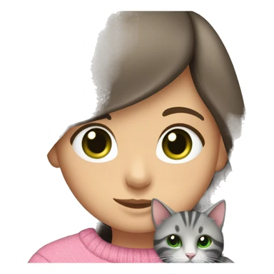 Brunette girl with long hair and green eyes in a pink sweater hugs a gray striped cat. The cat has brown eyes sticker