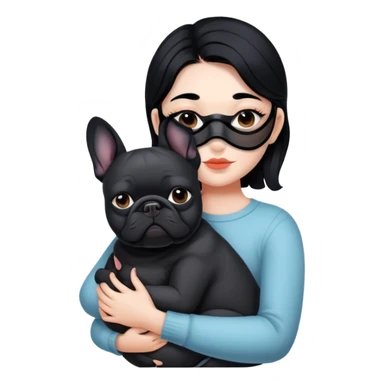 girl with short black straight band hair wearing a mask and hugging a black French bulldog sticker