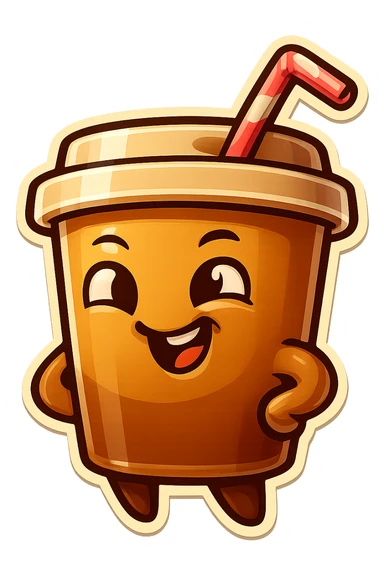 Tall coffee cup, amused, giggling, mischievous, drinking coffee with straw, looking sideways sticker