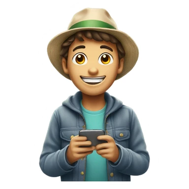 Happy boy with phone and hat sticker
