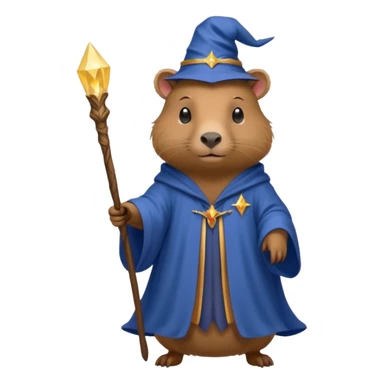 A mythical Queen Capybara wearing a wizard robe and a wand sticker