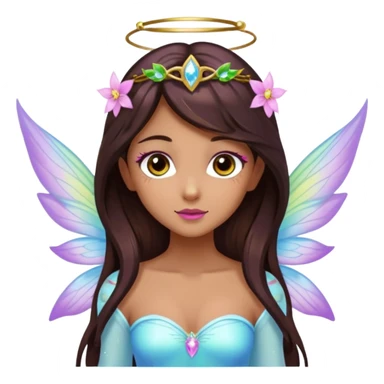 Earthreal sparkly angelic mystical magical shiny pretty Fairy. Dark Brown eyes, Caramel skin, Long dark brown hair. White, hot pink and light blue and lavender, light green, light yellow fairy wings. Tattoos sticker