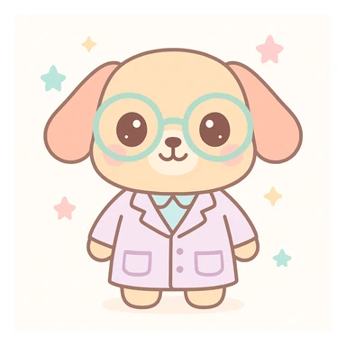 kawaii style scientist dog, wearing a lab coat and big glasses, pastel background sticker