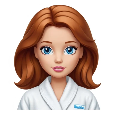 Barbie's face eyes blue with shoulder-length reddish-brown hair, makeup, cream smeared on her face , in a bathrobe with sticker