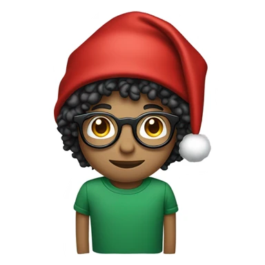 Unisex person ’light skin’ ’short curly dark green hair’ in a ’red Santa hat’ and black tshirt and round glasses  sticker