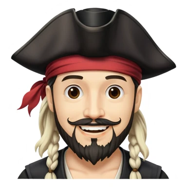 "- Nam
- 35 tuổi
- Da trắng
- Râu quai nón
-  Cướp biển caribe
- Cười tươi, đội mũ cướp biển màu đen sticker