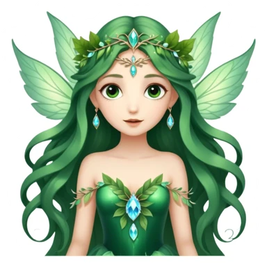 CGI, ultra detailed Forest fairy with long flowing hair, large shinning eyes, and beautiful jewel like luminescent wings. She is wearing a gorgeous gown of leaves sticker