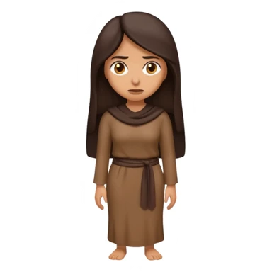 Cartoon emoji of a Middle Eastern-looking woman with long, loose dark hair, wearing chocolate-colored clothes. Full-height, standing, nervous, unsure, worried expression. Slightly hunched, anxious posture. Smooth, simple, stylized. sticker