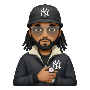 African American man with shoulder length black dreadlocks with black beard wearing black sunglasses wearing a black bubble winter coat and a New York Yankees logo baseball cap looking at watch sticker
