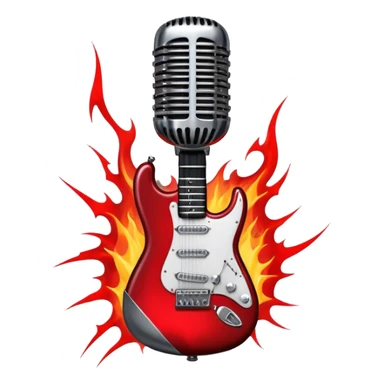Create a fierce and edgy emoji representing hardcore rock vocal performance in a humanless collage. The design should feature a vintage microphone at the center, surrounded by a menacing, distorted electric guitar with sharp, aggressive angles. Add crossed drumsticks behind the microphone to symbolize the rhythm and power of the drums. Include subtle elements like lightning bolts, flames, or jagged sound waves to evoke the raw energy and intensity of hardcore rock. Use dark, intense colors like black, red, and silver, with a metallic, gritty finish to convey the rebellious, aggressive spirit of the genre. The background should be transparent. sticker